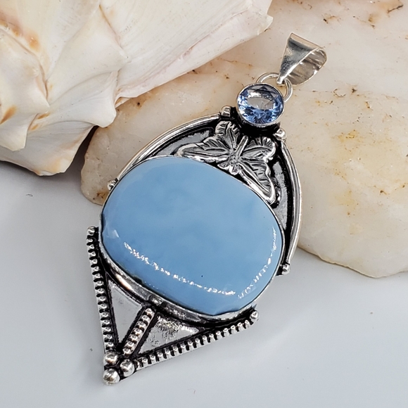 Handcrafted Artisan Jewelry - Blue Lace Agate Stone Silver Pendant